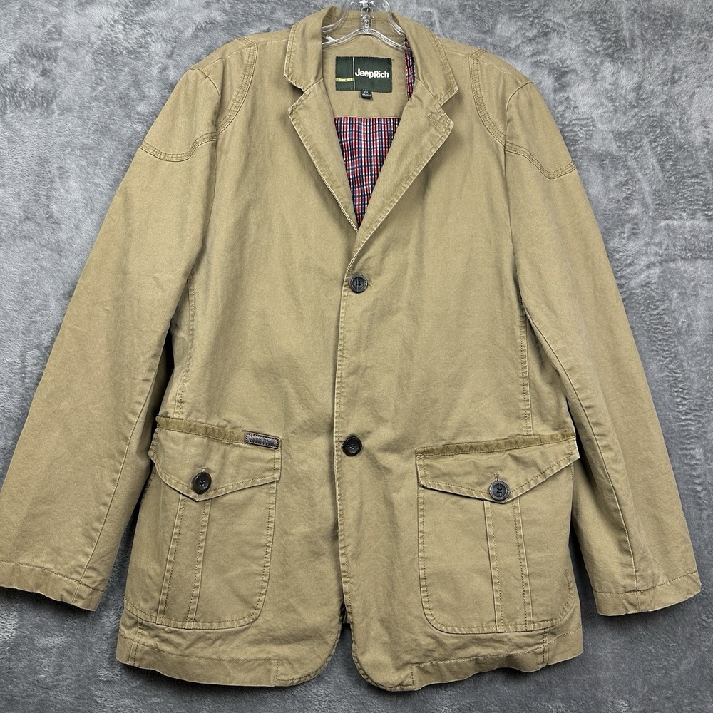 Jeep Rich Jacket Men's Large 42x30‎ Inch Tan Khaki Cotton Plaid Lined Outdoor